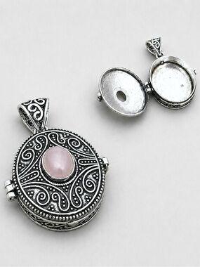 Vintage Design Rose Quartz Poison Pill 925 Silver Locket 1.5” Pendant